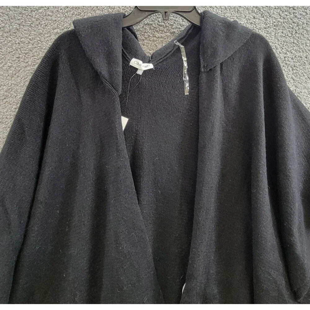 Calvin Klein Knit Hooded Cardigan Sweater Women's One Size Black Fringe Trim - Picture 3 of 15